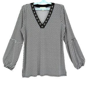 Michael Kors Womens Pullover Stretch Geometric Grommet V-Neck Long Sleeve Top XL